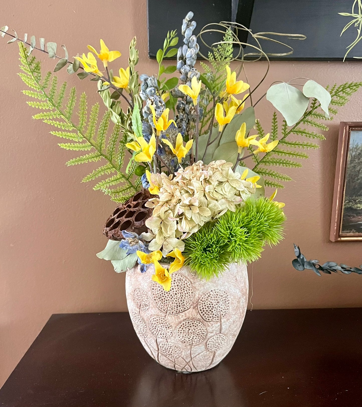 Yellow Dried Floral Arrangement/ Hydrangea, Delphinium & Eucalyptus Centerpiece/Rustic Modern Home Decor (Sunlit Wld)