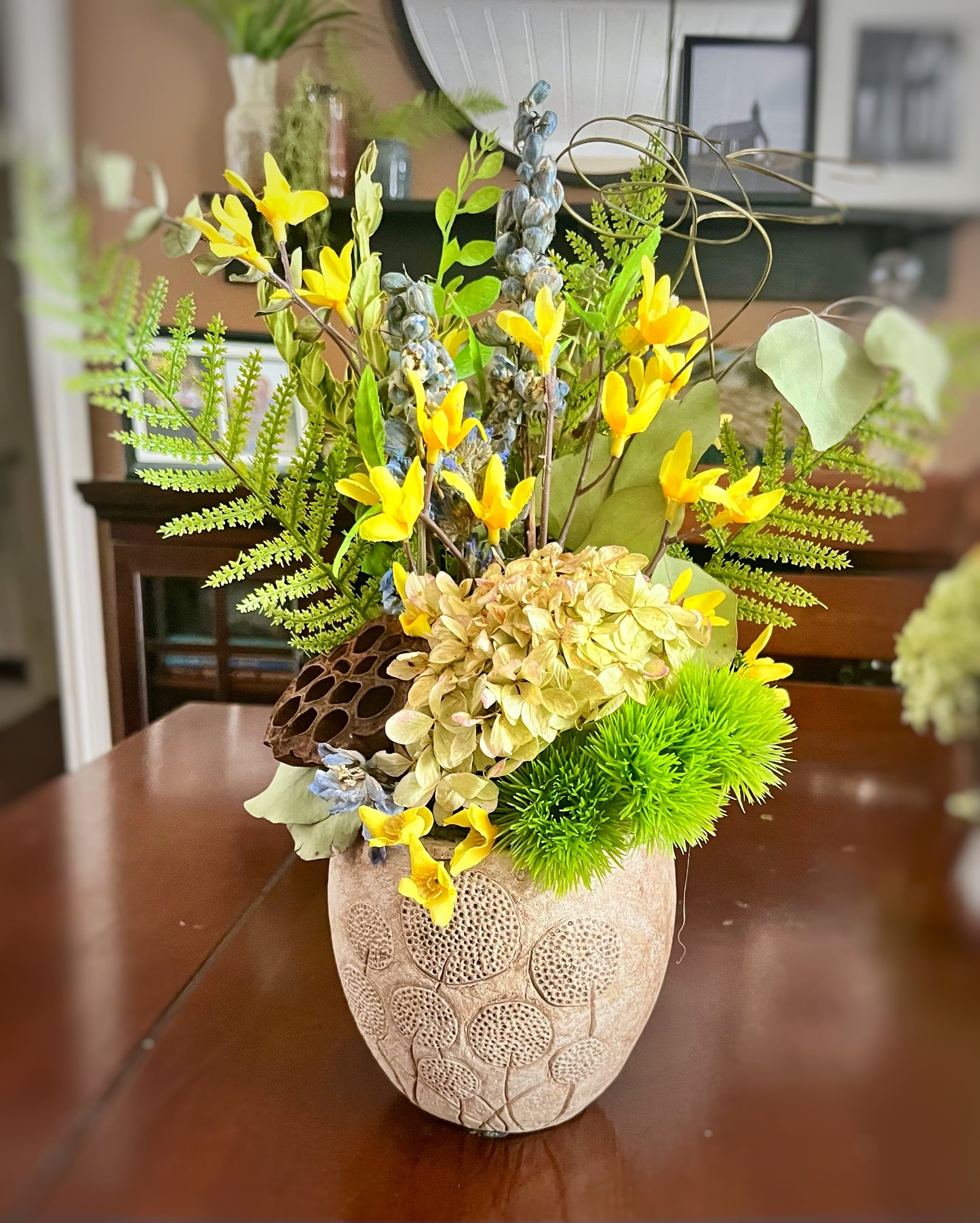 Yellow Dried Floral Arrangement/ Hydrangea, Delphinium & Eucalyptus Centerpiece/Rustic Modern Home Decor (Sunlit Wld)