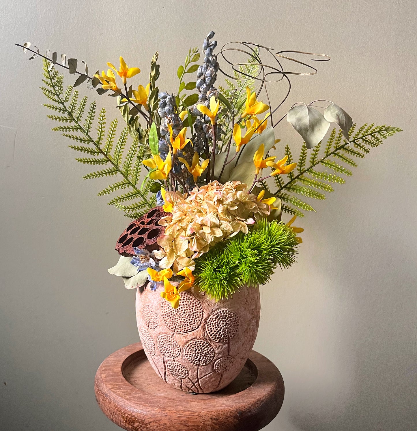 Yellow Dried Floral Arrangement/ Hydrangea, Delphinium & Eucalyptus Centerpiece/Rustic Modern Home Decor (Sunlit Wld)