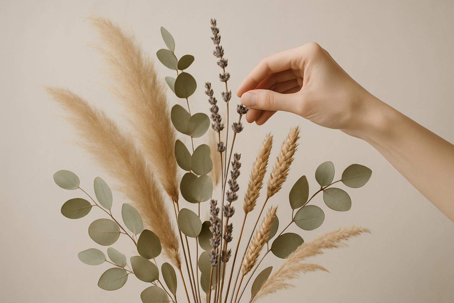 a hand arranging dried florals